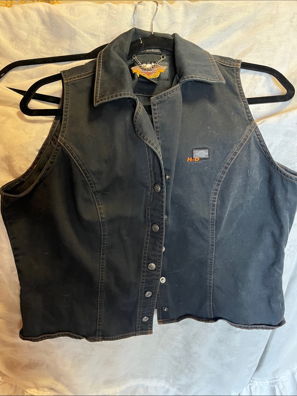 Harley-Davidson Black Denim Vest with Orange HD Stitching 20”PTP